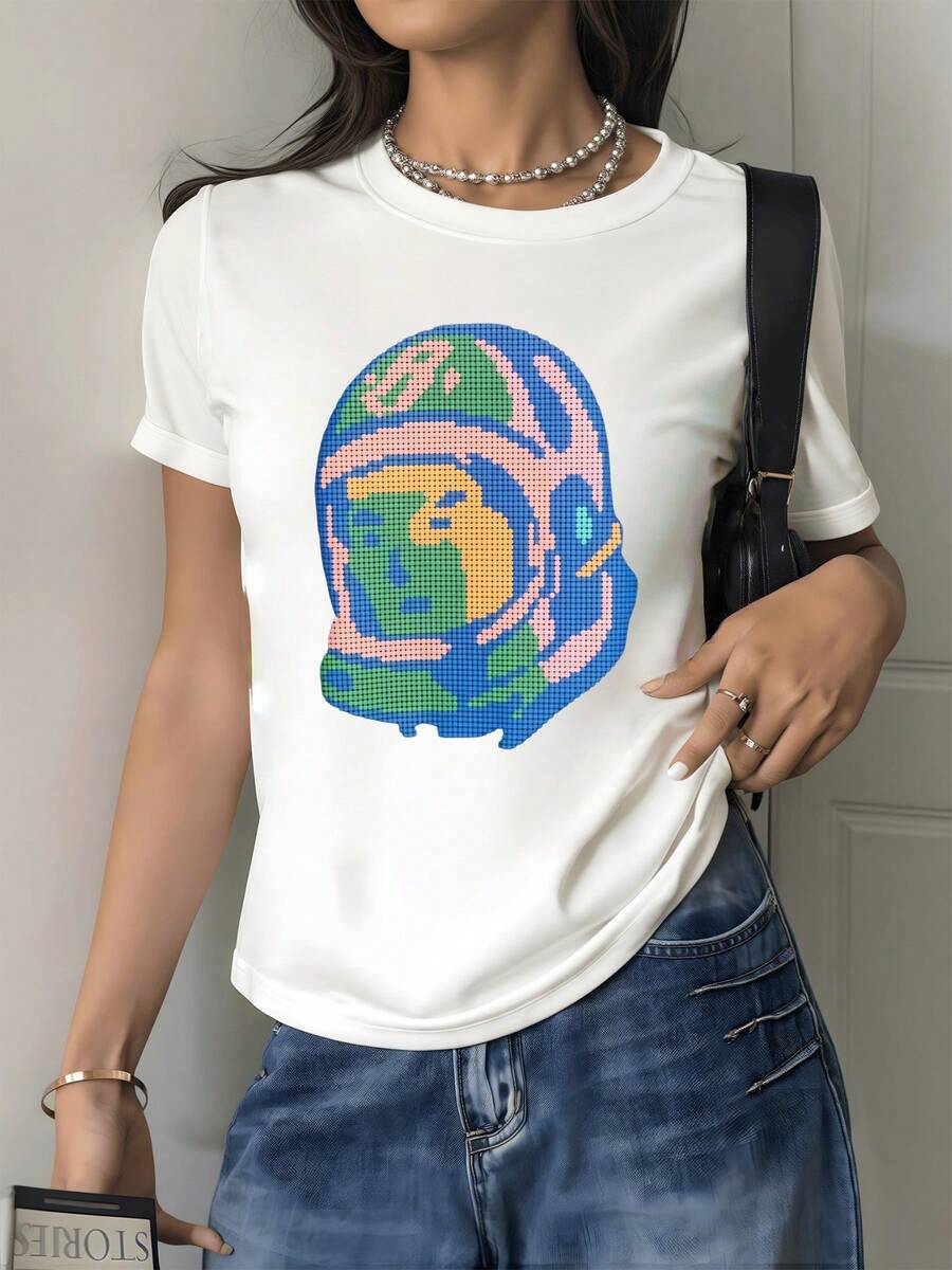 Colorful Astronaut Figure Symbolizing Human Curiosity And The Desire To Explore The Unknown, Reflecting A Modern And Free Spirit. Comfortable And Stylish Casual Women's T-Shirt For Everyday Wear. - 白色 - 查看 1