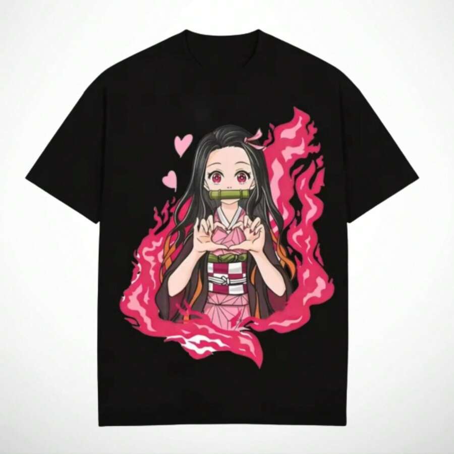 Anime Girl Graphic T Shirt, Cute Pink Flame Print Tee, Unisex Cotton Casual Shirt - Negro - Ver 1