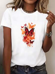 Camiseta Elegante de Manga Corta para Mujer - Cuello Redondo - Compatible con Blusas Florales de Mariposa |     Ropa de playa para primavera y verano, adecuada tanto para ocasiones informales como formales, perfecta para viajes, citas y como regalo. Camiseta de manga corta cómoda y versátil. - Blanco - Ver 1