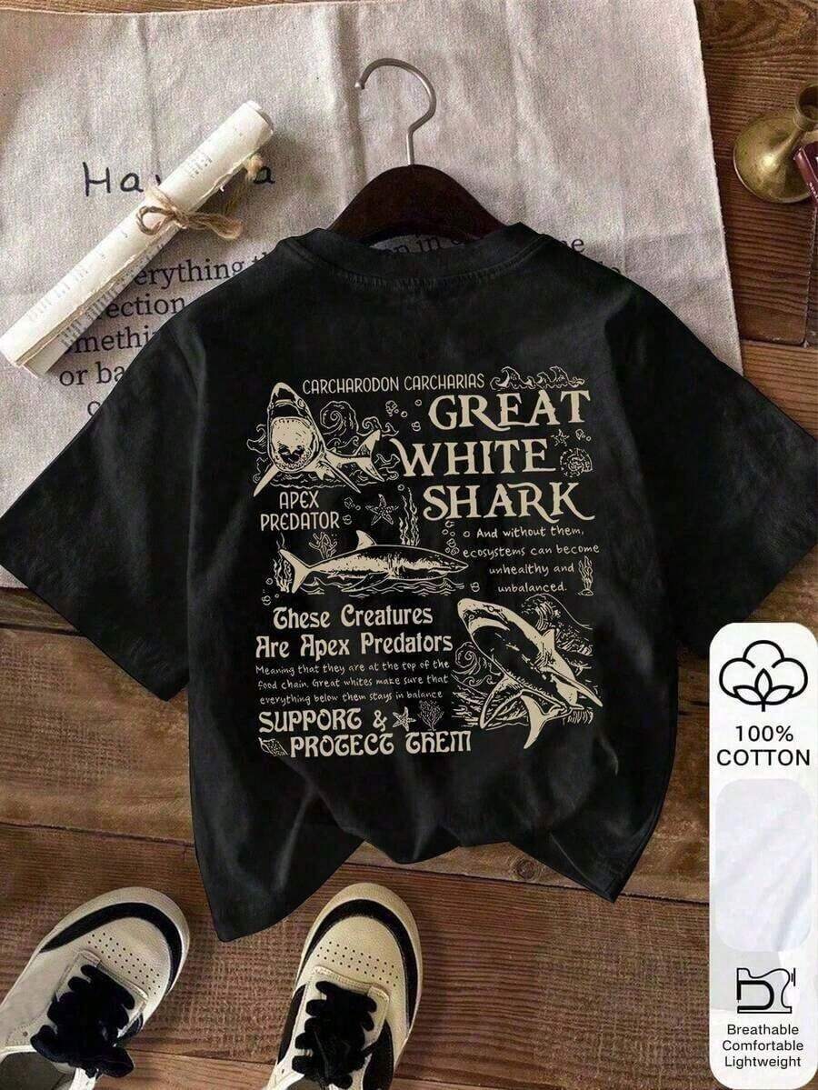 Women's Casual Summer T-Shirt, Short-Sleeved, Round Neck, With Shark Slogan Print, Made Of Pure Cotton. Women's T-Shirts, Women's Blouses, Casual Blouses For Ladies - 黑色 - 查看 1
