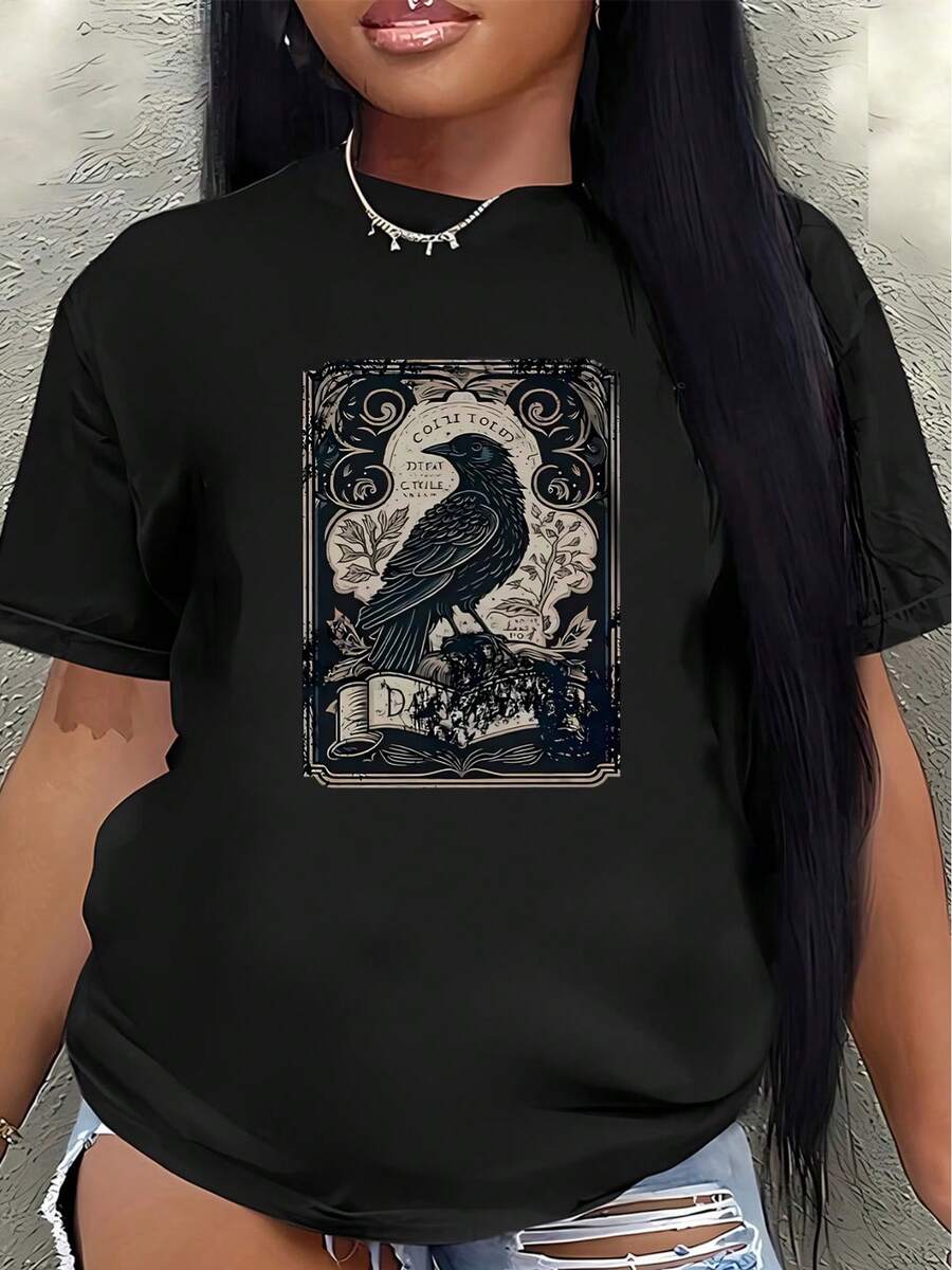 Polyester Short-Sleeved T-Shirt, Decorated With An Artistic Crow Design, Lightweight And Durable, Suitable For Casual Wear At Home Or In A Cafe, Comfortable And Fitted For Everyday Wear. Women's Blouses > Clothing - 黑色 - 查看 1