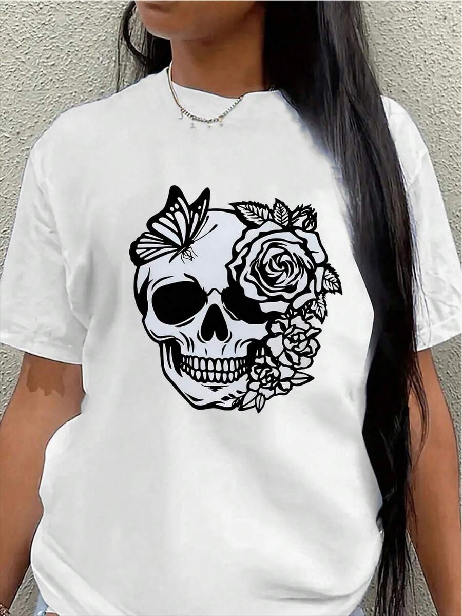 Short-Sleeved T-Shirt With A Skull And Rose Print, Lightweight And Durable, Suitable For Casual Wear At Home Or In A Cafe, Comfortable Fit, Ideal For Everyday Wear. Women's Blouses > Clothing - 白色 - 查看 1