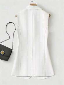 Chaleco blazer regular de mujer con parches a rayas y un solo botón, unicolor con bolsillo y botón, para uso en oficina en primavera - Blanco - Ver 2