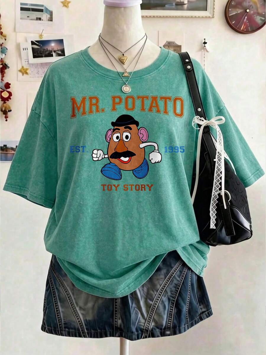 Disney Oversize Round Neck Washed T-Shirt With Disney MR. Potato Print, Disneyland, Disney Animal Kingdom, Disney Family Vacation Trip, Summer Outfits For Women, Vacation Outfits Women, Dresses,, Dresses For Women, Summer Clothes, Summer Tops, Capris For Women, Rompers For Women, Jeans For Women, Jorts, Graphic Tees Women, Tank Tops Women, Dresses For Women Summer, Summer Tops, Summer Clothes, Summer, Swimsuits For Woman, Bathing Suits For Women, Bikinis, White Tank Top, Women Sweatshirts & Hoodies, Cord Sets For Women, Trajes Elegantes De Mujer, Conjuntos De Dos Piezas Para Mujer, Skirt Two Piece Set, Conjuntos De Mujer, Blusas, Trajes De Mujer Casual, Free Shipping, Co Ords Sets Women, Faldas - Mint Green - View 1