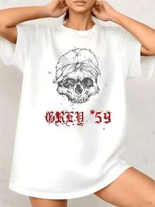 Women's T-Shirt With Skull Graphic Print, Bandana Theme, 100% Cotton, Crew Neck, Casual And Elegant Style, 1 Piece. They Are Excellent Gifts For Friends And Family. - 白色 - 查看 1