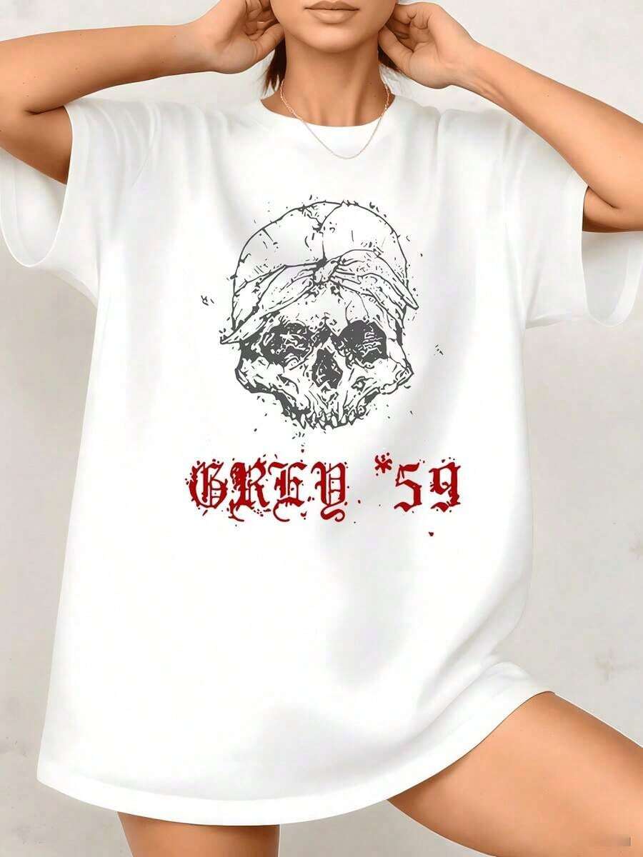 Women's T-Shirt With Skull Graphic Print, Bandana Theme, 100% Cotton, Crew Neck, Casual And Elegant Style, 1 Piece. They Are Excellent Gifts For Friends And Family. - 白色 - 查看 1