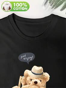 Camiseta Gráfica Y2K para Mujer - Diseño de Osito con Gafas y "You Yourself", Cuello Redondo Holgado, Manga Corta para Primavera/Verano, Cómoda y Divertida, Estilo Casual - Negro - Ver 3