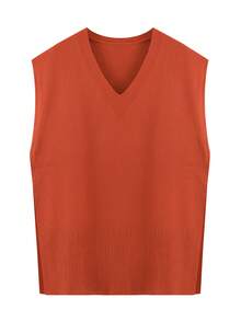 Plus Size Women Plus Size Pullover Sweater, Casual Comfortable V-Neck Sleeveless Knit Top - Orange Red - View 14