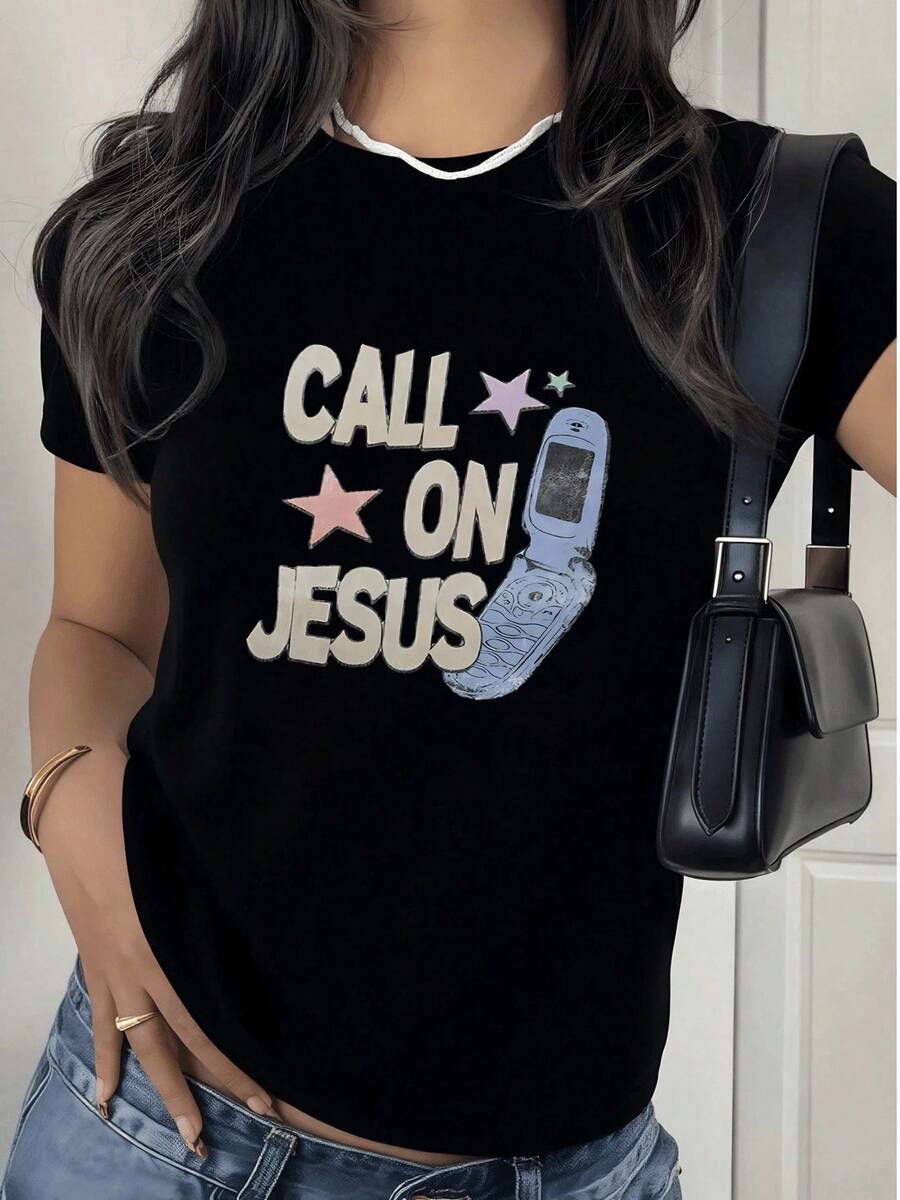 Fashionable Women's T-Shirt, Women's T-Shirt With Retro Telephone And Star Print, Modern Cut, Soft And Comfortable Fabric. 100% Cotton, Ideal For Casual And Original Looks. - 黑色 - 查看 1