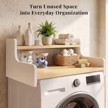 OMCHOM Washer Dryer Countertop Organizer With 2-Tier Shelf, Wood Laundry Room Storage Topper With Edge Guard Rails, Smooth Surface Laundry Space Organizer, Fits Most Standard Washers & Dryers, Laundry Essentials Holder For Bathroom, Mudroom - White + Natural Wood Color - View 5