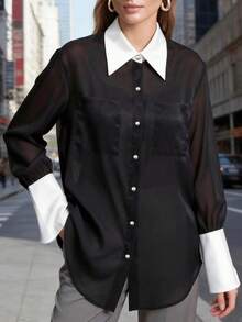 Camisa negra semitransparente de manga larga para mujer, blusa suelta sexy, nueva llegada 2026 - Negro - Ver 4
