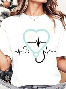Soft, Breathable, And Lightweight For All-Day ComfortWomen Round Neck T Shirt Heartbeat Stethoscope Medical Design For Nurses Doctors Healthcare Workers Christmas Holiday 220gClassic Crew Neck With A Relaxed Fit That Flatters All Body Shapes And Easy To Pair With Jeans, Shorts, And Leggings. - 黑色 - 查看 7