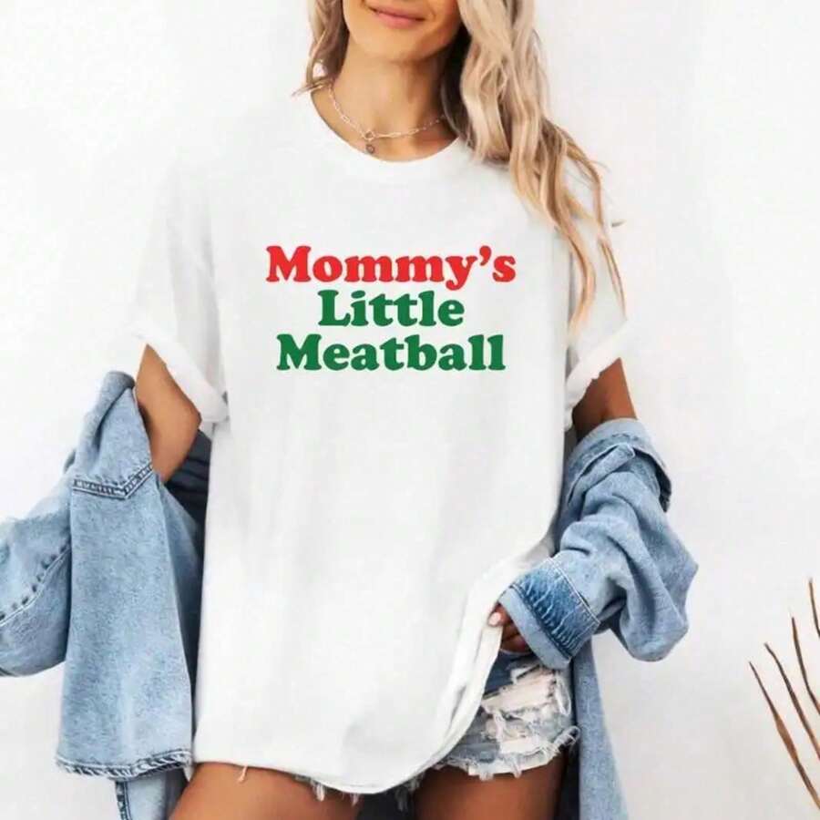 Unisex Thick Cotton T-Shirt "Mommy's Little Meatball", Funny Italian T-Shirt, Nic From Love Island, Gift For Italian Food Lovers, Family Vacation T-Shirt JV8V JK2I 9BCZ - 白色 - 查看 1