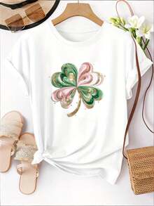 Camiseta estampada para mujer con diseño de trébol de cuatro hojas en acuarela - camiseta casual de manga corta y cuello redondo, con nudo frontal, corte relajado para todas las estaciones, perfecta para uso diario y atuendos de vacaciones (lavable aáquina). - Blanco - Ver 7