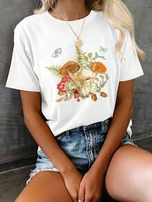 Women's Casual Summer Top, Illustrated Style, Mushroom And Butterfly Print, Short Sleeve Crew Neck T-Shirt, Winter Size, Women's Clothing - 白色 - 查看 1