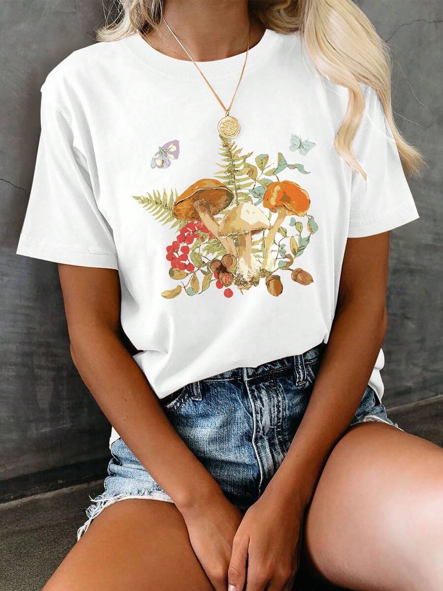 Women's Casual Summer Top, Illustrated Style, Mushroom And Butterfly Print, Short Sleeve Crew Neck T-Shirt, Winter Size, Women's Clothing - 白色 - 查看 1