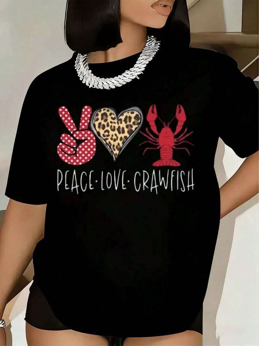 Camiseta de mujer con estampado gráfico de paz, amor y cangrejo, manga corta, cuello redondo, top casual de verano, blusa básica para mujer, blusa de mujer, camiseta estilo urbano, camiseta casual para festivales y uso diario. - Negro - Ver 1