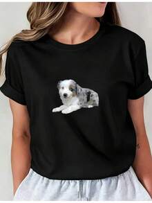 Camiseta Deportiva Casual para Mujer de Manga Corta Negra con Gráfico de Cachorro en Estilo Cartoon - Camiseta Elástica de Cuello Redondo, Lavable aáquina, Ajuste Cómodo y Apta para Todas las Estaciones. - Negro - Ver 6
