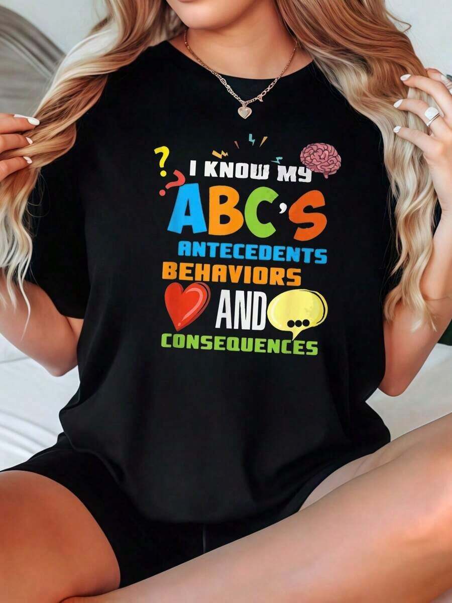Camiseta de Mujer Casual con Cuello Redondo, Opciones en Blanco y Negro, Estampado Gráfico 'ABCs Antecedentes Comportamientos Consecuencias', Camisetas para Uso Diario, Tops de Verano, Camisetas Gráficas, Conjuntos de Verano, Camisetas Cortas para Mujer, Tops Vintage de Algodón, Ropa Linda para Mujer, Playera Holgada para Mujer - Negro - Ver 1