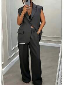 Elegant Women's Solid Color Sleeveless Splice Contrast Color Ribbed Pocket Zipper Button Office Suit Set, Suitable For Commuting And Casual Daily Wear - Dark Grey - View 1