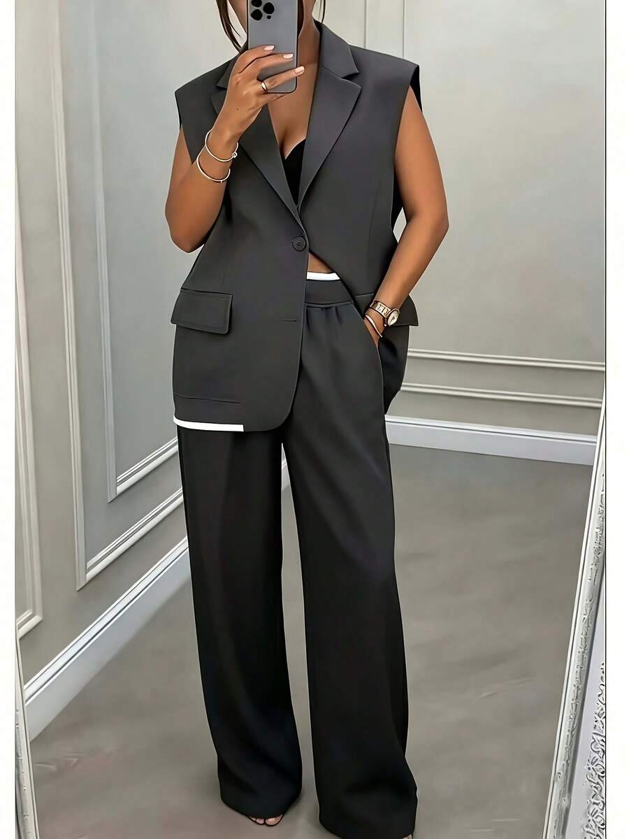 Elegant Women's Solid Color Sleeveless Splice Contrast Color Ribbed Pocket Zipper Button Office Suit Set, Suitable For Commuting And Casual Daily Wear - Dark Grey - View 1
