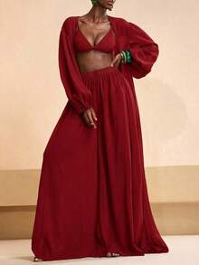 Conjunto de kimono y pantalones palazzo elegantes y casuales para la playa, 2026 - Rojo - Ver 5