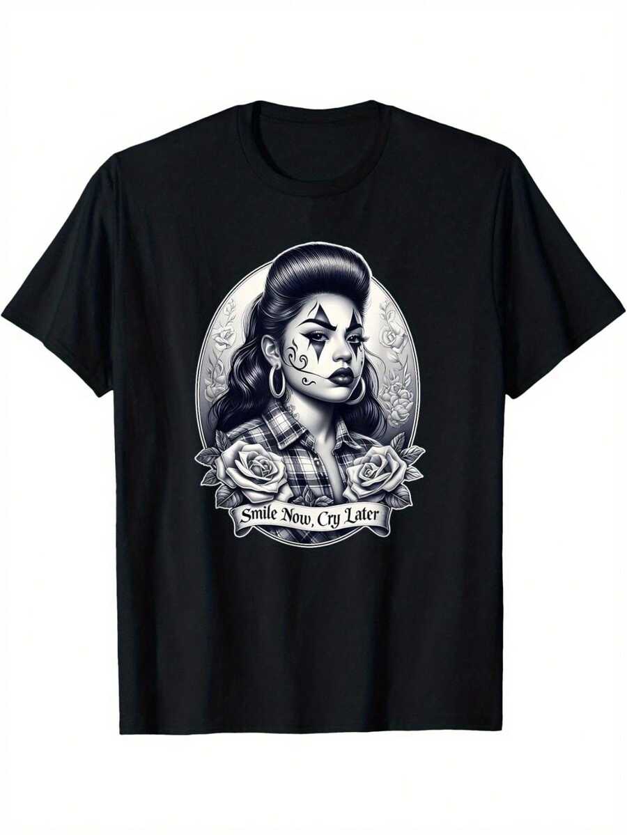 Camiseta SMILE NOW CRY LATER con diseño de arte de tatuaje Chicana Chola - Negro - Ver 1