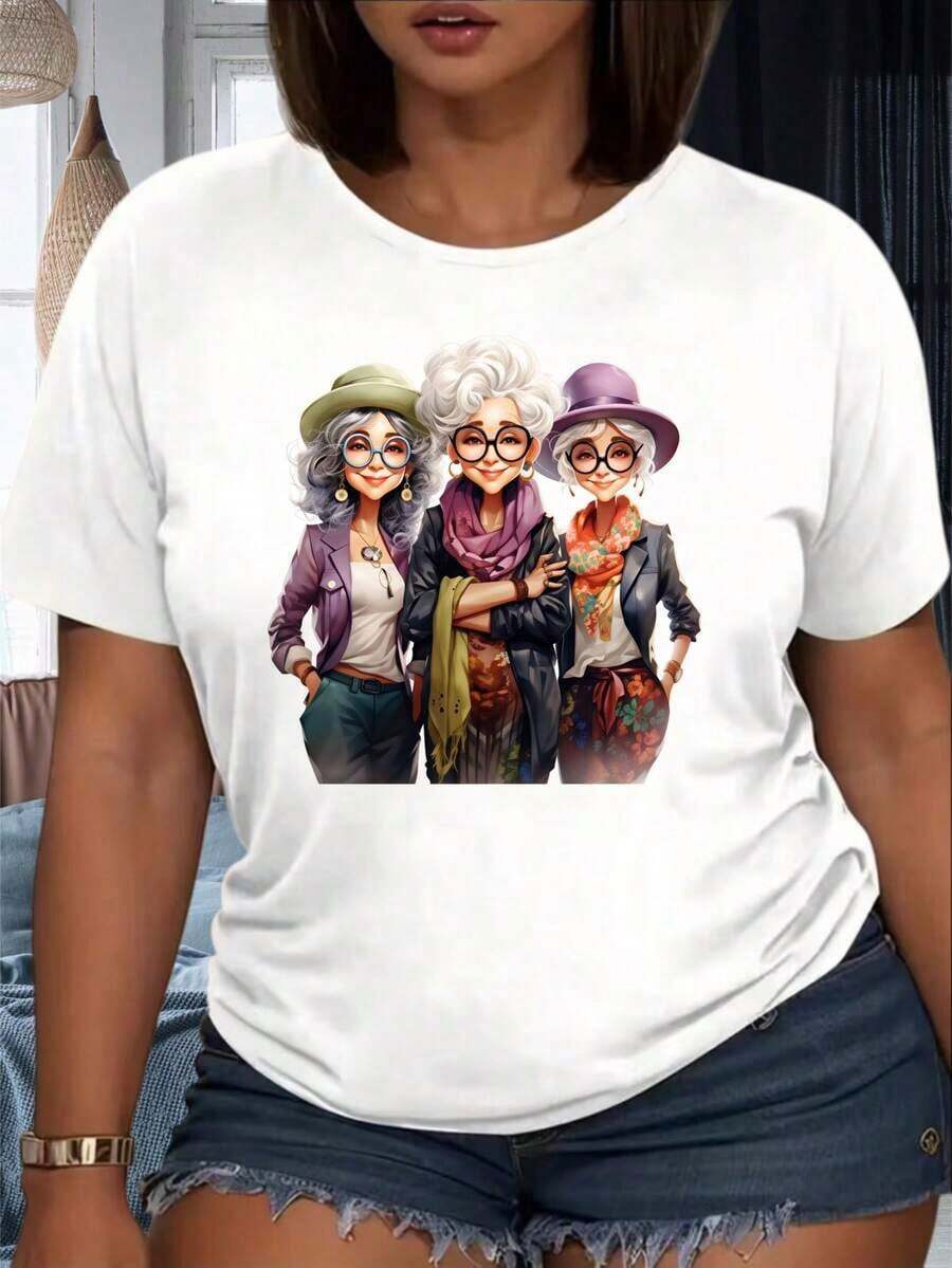 Women's Casual T-Shirts With Artistic Print Of Three Elegant Grandmothers With Hats And Glasses, Casual Summer Top, Party Outfit. - 白色 - 查看 1