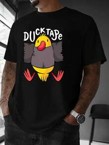 T-Shirt With Adhesive Tape Print Featuring A Duck Design, American Fashion Brand Design, Graffiti Style Letter Print, Unisex Urban Style Top For Couples. - 黑色 - 查看 8