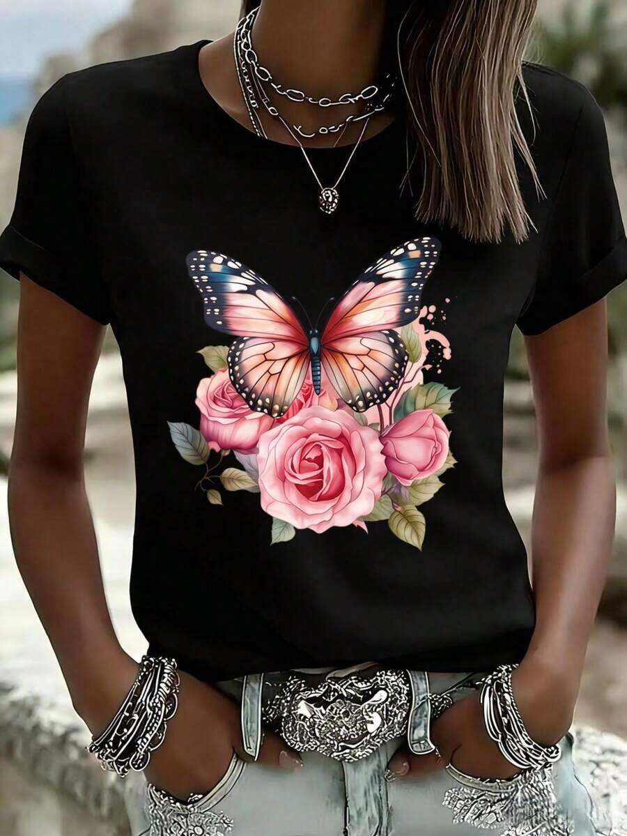 Women's T-Shirt With Floral Print Of Butterflies And Roses, Bohemian Style, Casual Summer Top, Fashion Graphic T-Shirt, Cotton T-Shirt - 黑色 - 查看 1