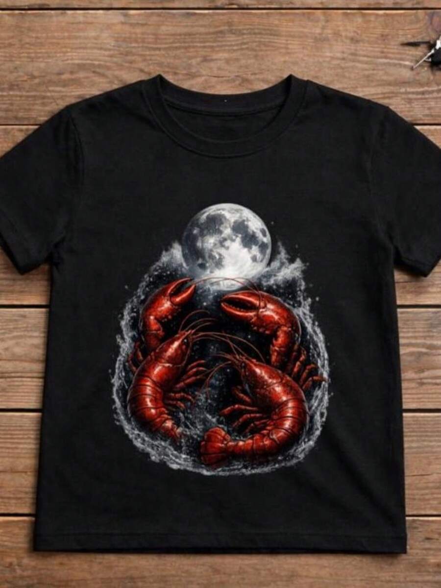 Lunar Lobster T-Shirt, Artistic Gift With A Surreal Night Ocean Scene, Celestial Crustacean Pattern T-Shirt, Cosmic Ocean Creature Design. Women's Shirts, Women's Sweatshirts, Women's Casual Summer Sweater Blouse, Prom Dresses - 黑色 - 查看 1