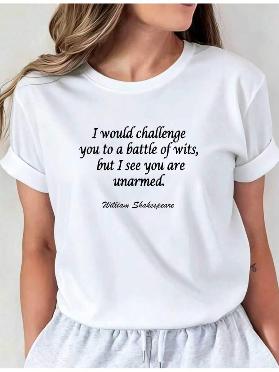 I Challenge You: A Battle Of Wits. Women's Short-Sleeved T-Shirt With A Round Neck And Patchwork Design, Retro Style, Simple, For Spring-Summer, Model I01. Casual Round Neck T-Shirt. Comfortable Women's Clothing. Universal Basic Style. - 白色 - 查看 1