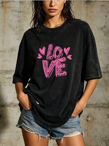 Blusa Casual para Mujer, Estilo Simple para Uso Diario, Camiseta con Estampado de Corazón de 180g - Adecuada para reuniones familiares, eventos de empresa y actividades de team building.| Una excelente opción para regalos del Día de San Valentín.| Camiseta casual suave y cómoda, sencilla para uso diario, de manga corta. - Negro - Ver 7