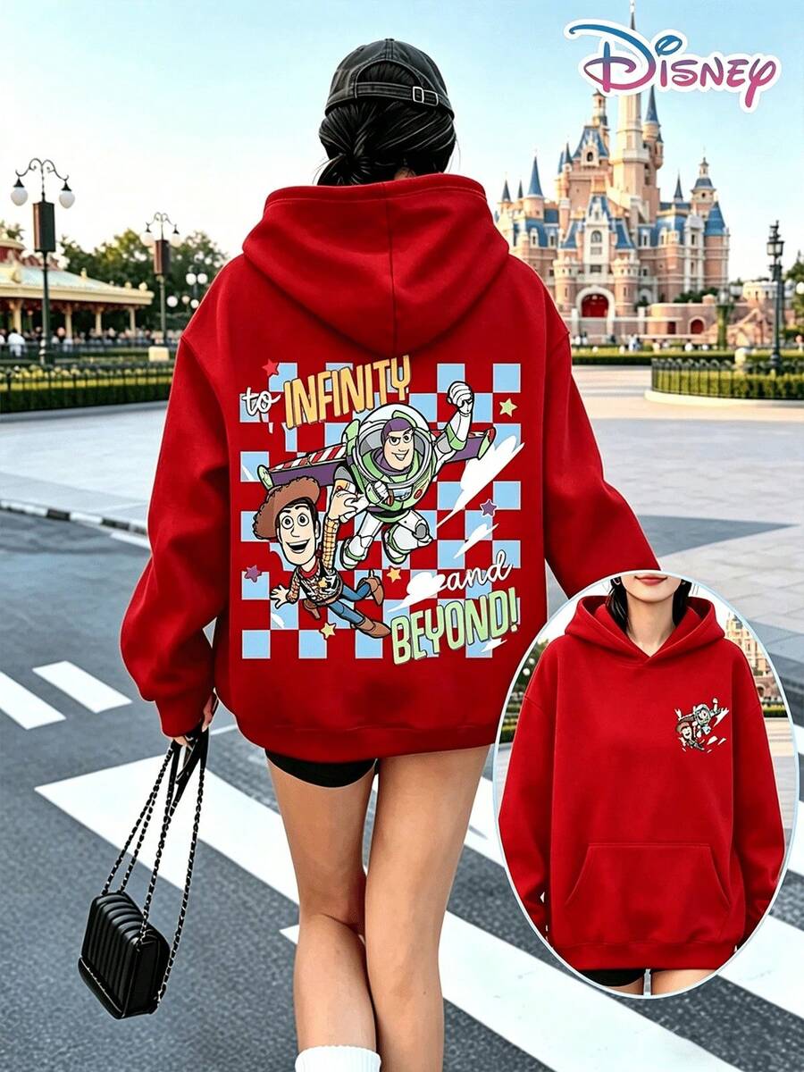 Disney Toy Story Y2K Print Sweatshirt "To Infinity And Beyond" - A Fun, Loose-Fitting Top With A Casual Print, Perfect For A Versatile Holiday Gift. (Women's Autumn/Winter Clothing/Elegant Women's Outfits/Patterned Hoodies/Printed Tops/Casual Outfits For Women/Women Trending Now/Holiday Co-Ord/Plus Size Friendly) - Đỏ - Xem 1