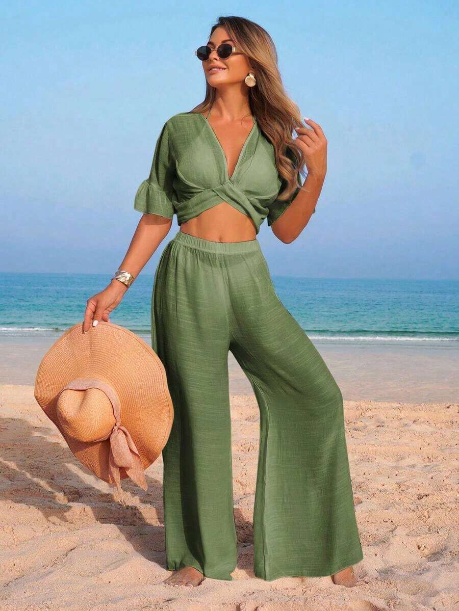 Conjunto de vacaciones de verano para mujer con top corto de manga corta con volantes y escote en V sin espalda, pantalón de pierna ancha y cubrecuerpo - Verde Oscuro - Ver 1