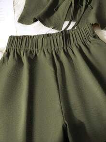 Set de 2 piezas de conjunto informal de mujer de unicolor con nudo, elegante para primavera/verano - Verde Oliva - Ver 4