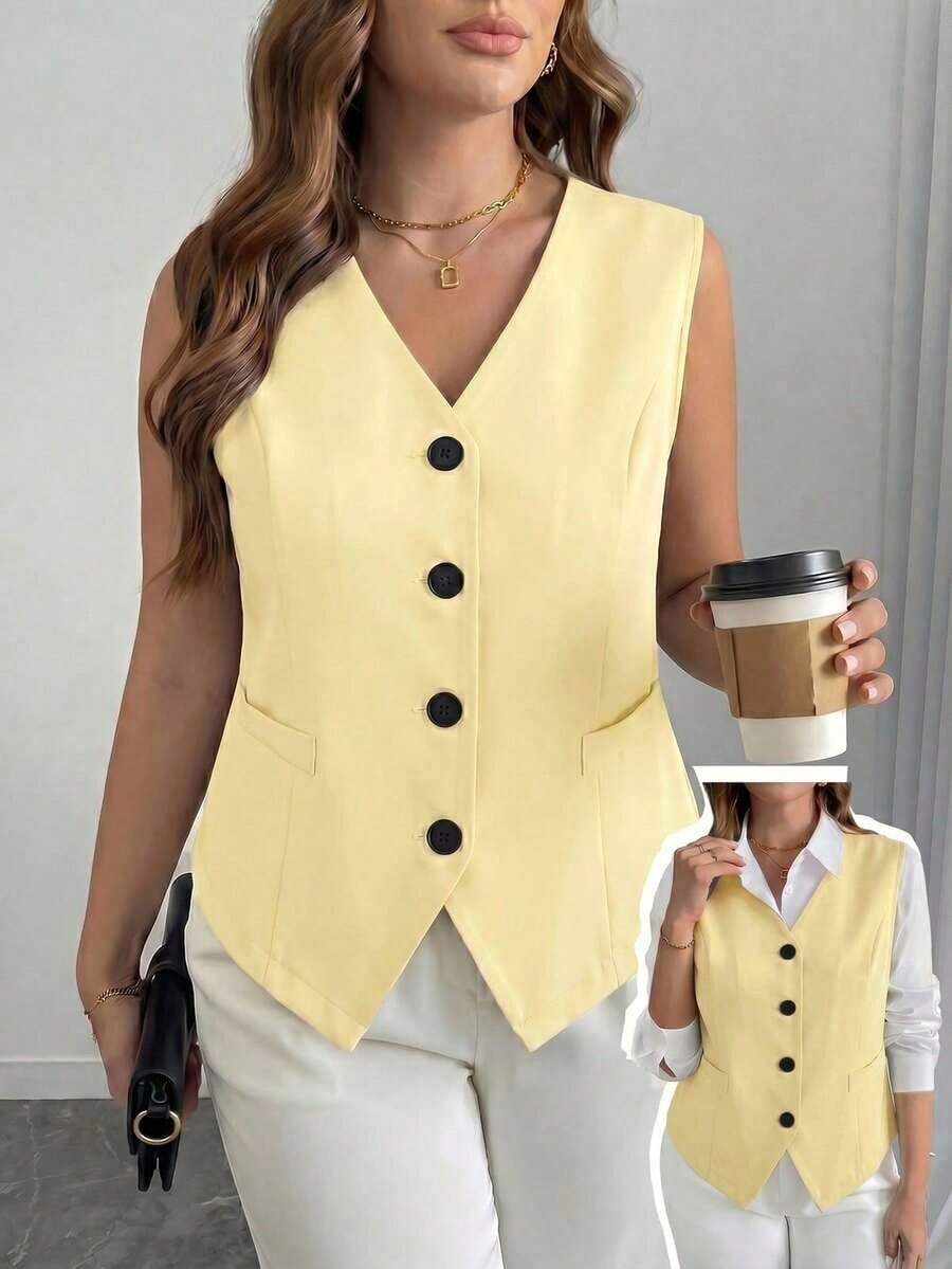 elegante de talla grande de un solo botonadura y ajustado, negro - Amarillo - Ver 1