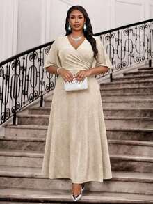 Vestido de fiesta elegante con cuello en V y cintura fruncida para tallas grandes - Albaricoque - Ver 6