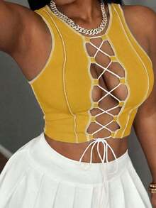 Top corto sin mangas con contraste de color acanalado, estilo casual básico, deportivo, sexy y de calle Y2K para mujeres - Amarillo - Ver 4