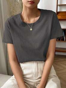 Camiseta Sólida Con Cuello Redondo - Gris Oscuro - Ver 6