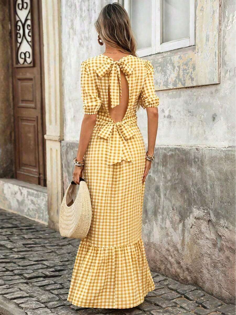 Vestido midi con espalda abierta, lazo en la cintura y mangas abultadas en estilo retro francés a cuadros, con volantes en el bajo - Perfecto para vacaciones y la oficina - Amarillo - Ver 1