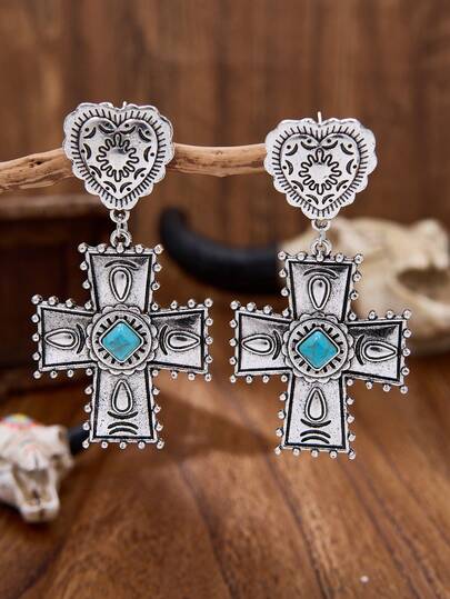 LUMIDIYA Vintage Western Cowboy Style Exaggerated Heart Cross Pendant Earrings, Bohemian Women's Earrings, Vintage Jewelry, Personalized Earrings Accessory For Women, Gift For Her