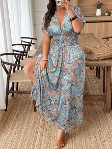 Vestido de talla grande para mujer con cintura fruncida y profunda, y abertura alta en el lateral - Multicolor 2 - Ver 4
