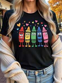 1 pieza de playera de manga corta 100% algodón, cuello redondo casual con estampado, sonrisa y corazón en color claro, manga corta transpirable para uso diario - Negro - Ver 1