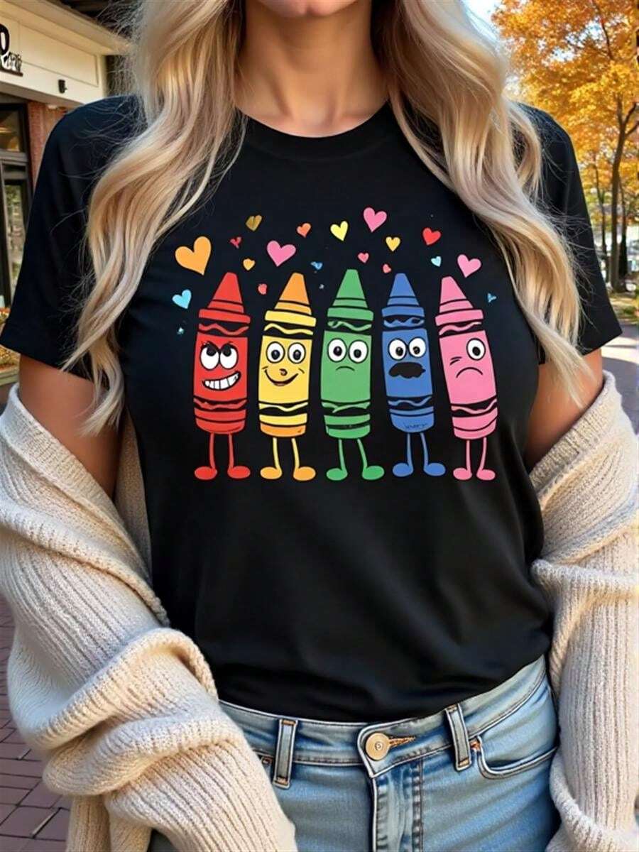 1 pieza de playera de manga corta 100% algodón, cuello redondo casual con estampado, sonrisa y corazón en color claro, manga corta transpirable para uso diario - Negro - Ver 1