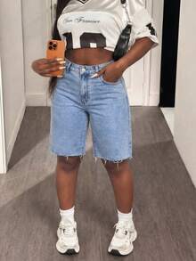 Plus Size Light Blue Distressed Frayed High Waist Stretchy Denim Capri Shorts, Suitable For Dates, Outings, Summer Baddie Style, Flattering & Versatile Casual - Blue - View 11