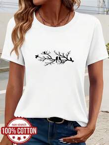 Women's Summer T-Shirt, Round Neck, Short Sleeve, 100% Cotton, Ideal For Daily Outings, Travel And Vacations, Branch And Bird Print, Casual Top, Versatile And Comfortable Fabric - [白色的] - 查看 1