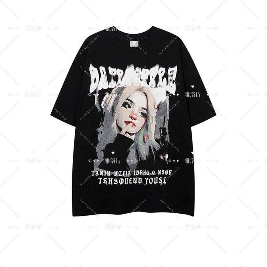 Thick Cotton Short-Sleeved T-Shirt With Anime Character Print, European And American Street Style, For Men And Women, Basic Short-Sleeved T-Shirt For Couples In Summer. - 白色 - 查看 1