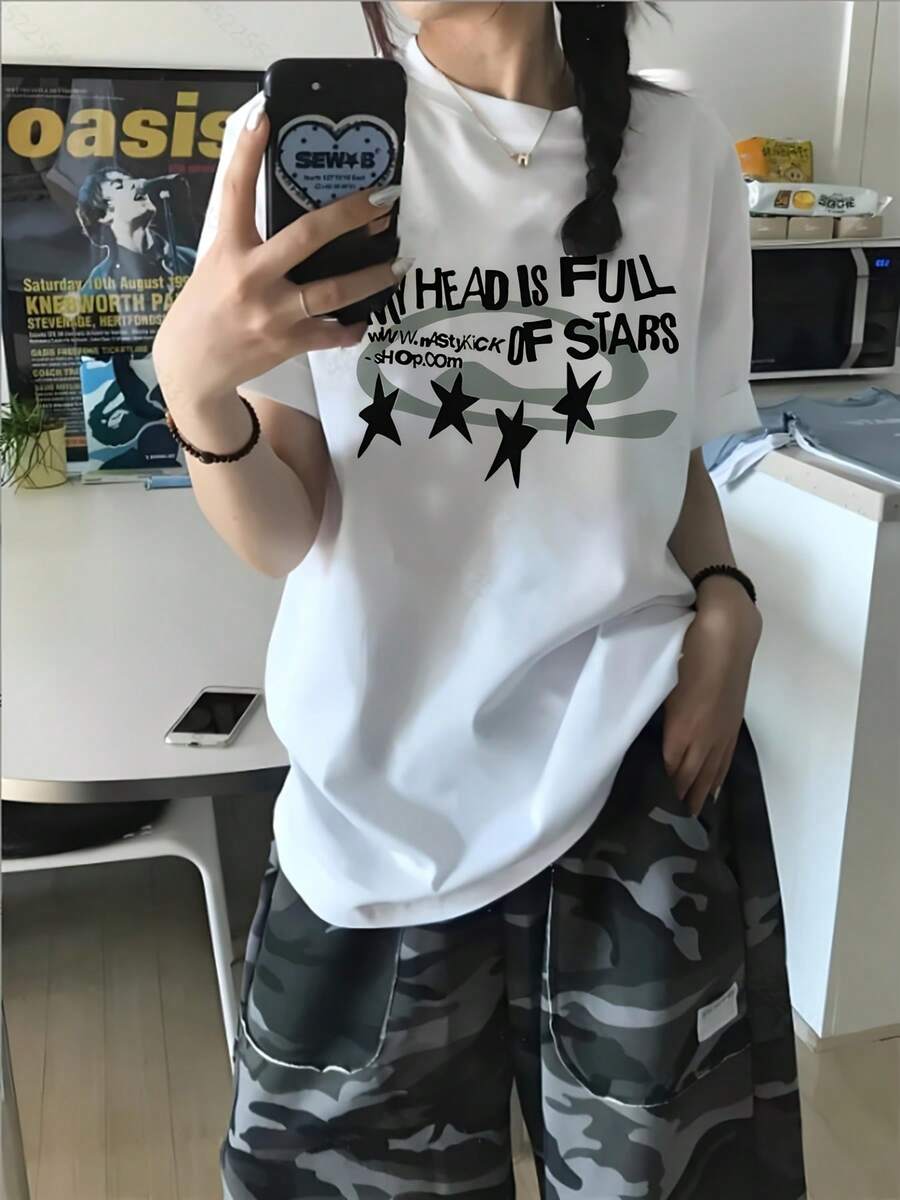 Y2K Women's Letter Print T-Shirt - Stylish Y2K Oversized Crew Neck Summer Top, Loose Fit Casual Blouse For Layering And Casual Wear - [白色的] - 查看 1