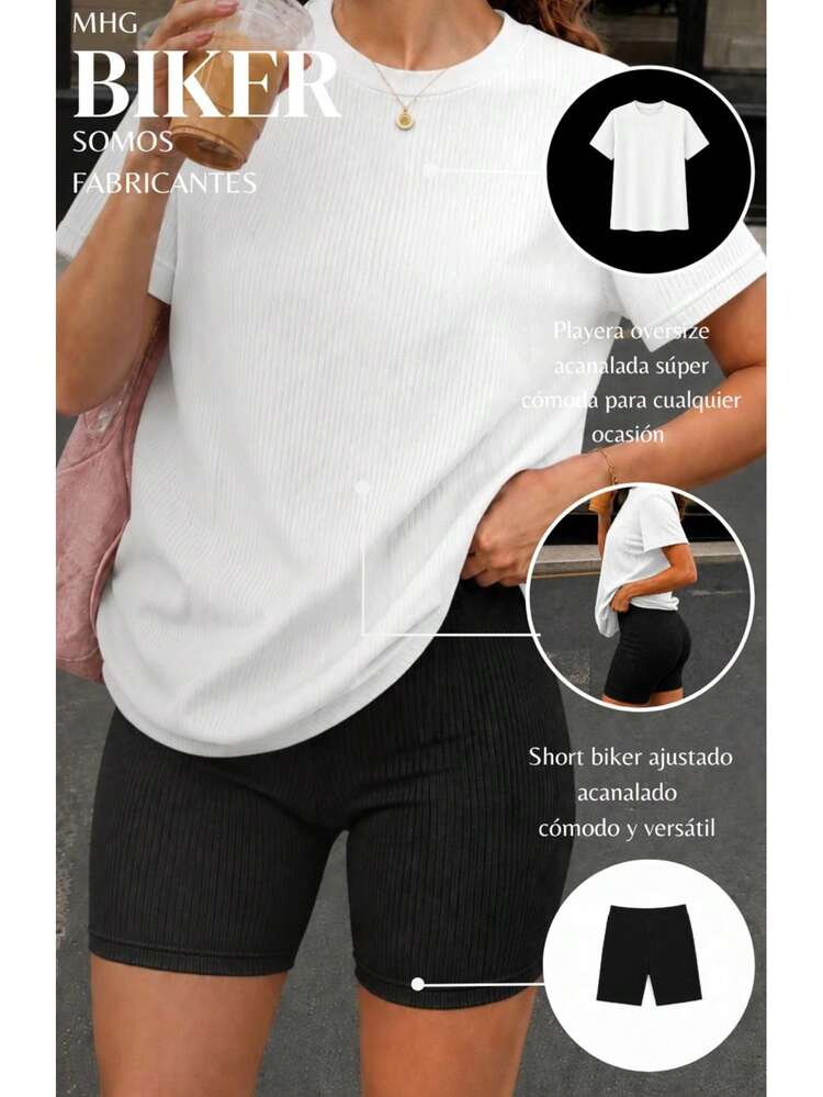 Oversized Loose Fit Simple Casual Fabric Set 2 Piece Sporty Outfit Street Home Sporty Ribbed - Black - View 1